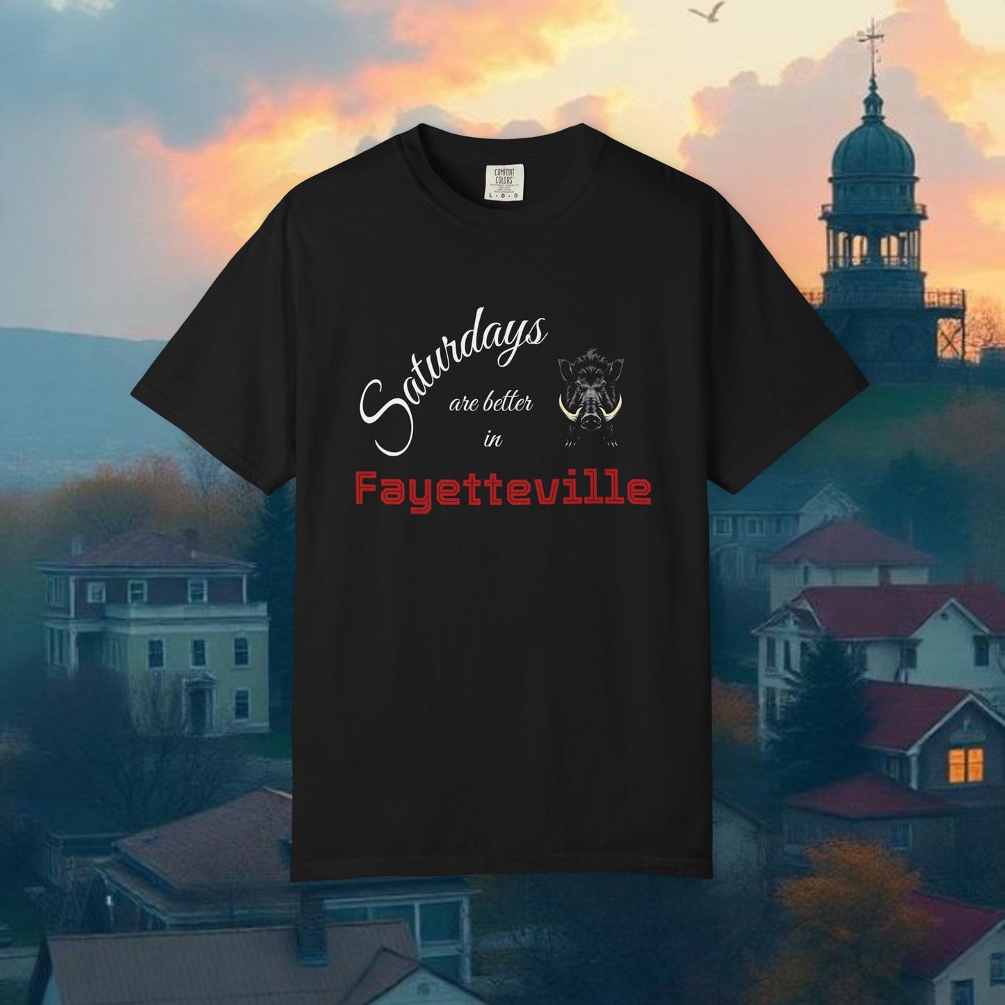 Saturdays are Better in Fayetteville T-Shirt, Unisex Sports Tee, Arkansas Fan Gear, College Game Day Apparel, Perfect for Tailgating
