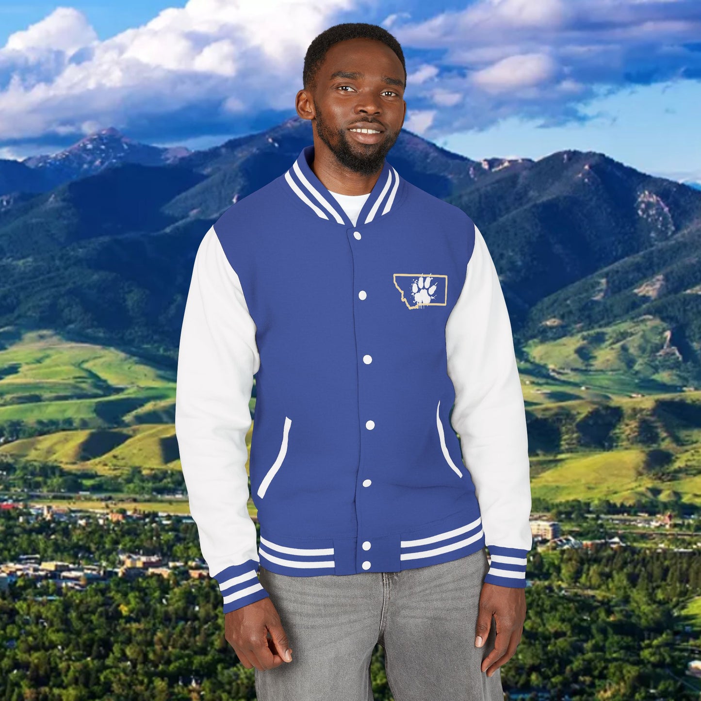 Letterman Jacket – Varsity Blue Fist Patch with FLC Back