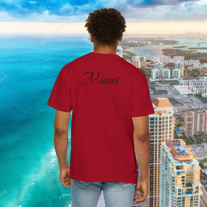 Miami Beach Graphic T-Shirt — Orange Garment-Dyed Tee with Green Vertical Palm Design