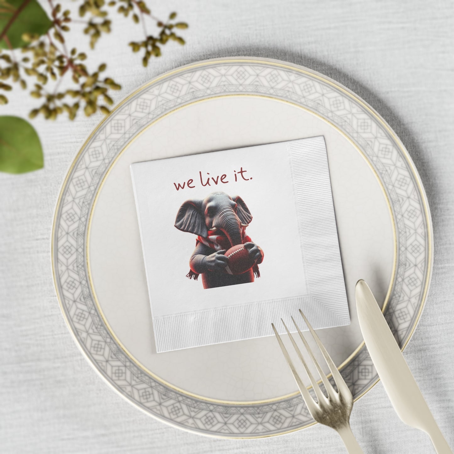 Elephant Football Party Napkins — "we live it." Printed Cocktail Napkins
