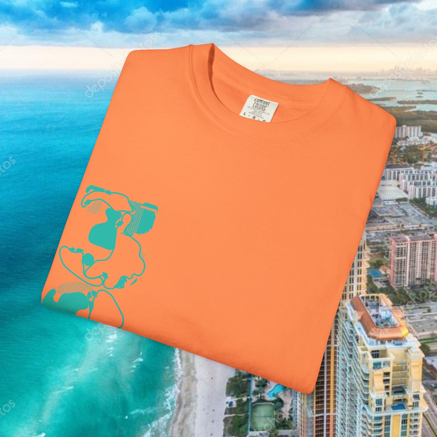 Miami Beach Graphic T-Shirt — Orange Garment-Dyed Tee with Green Vertical Palm Design