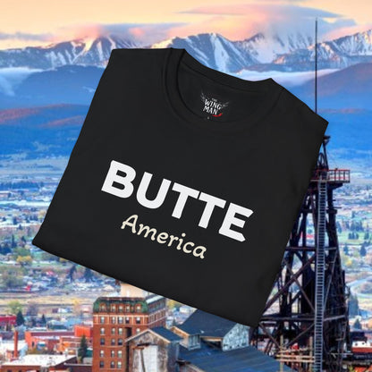 Butte, America Unisex Softstyle T-Shirt - Cozy Apparel for Locals, Travel Souvenir, Gift Idea, Casual Wear, Adventure Tee