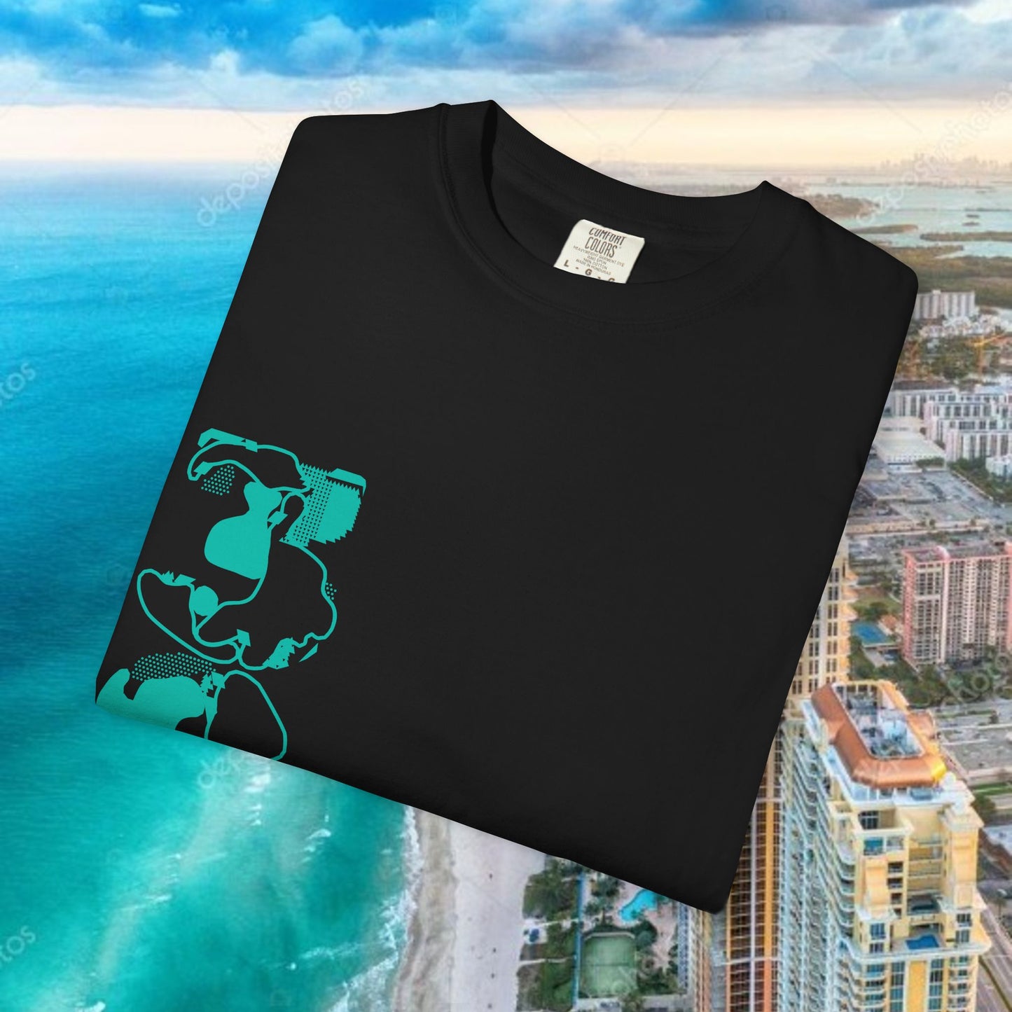 Miami Beach Graphic T-Shirt — Orange Garment-Dyed Tee with Green Vertical Palm Design