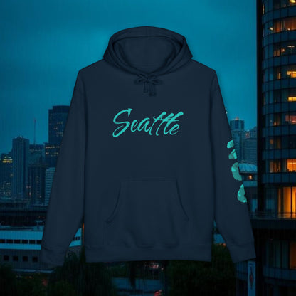 Seattle Script Hoodie — Minimalist City Sweatshirt with 206 Sleeve