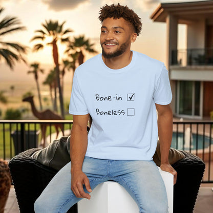 Humorous Foodie T-Shirt, Casual Wear for Food Lovers, Gift for Chefs, Bone-in vs Boneless Design, Fun Graphic Tee