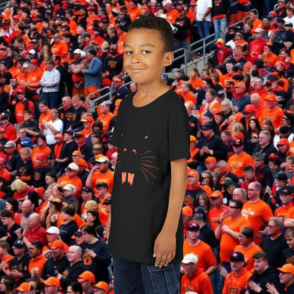 Youth Tee — Kids Black Shirt with Orange Whisker & Teeth Graphic, Perfect for Gameday