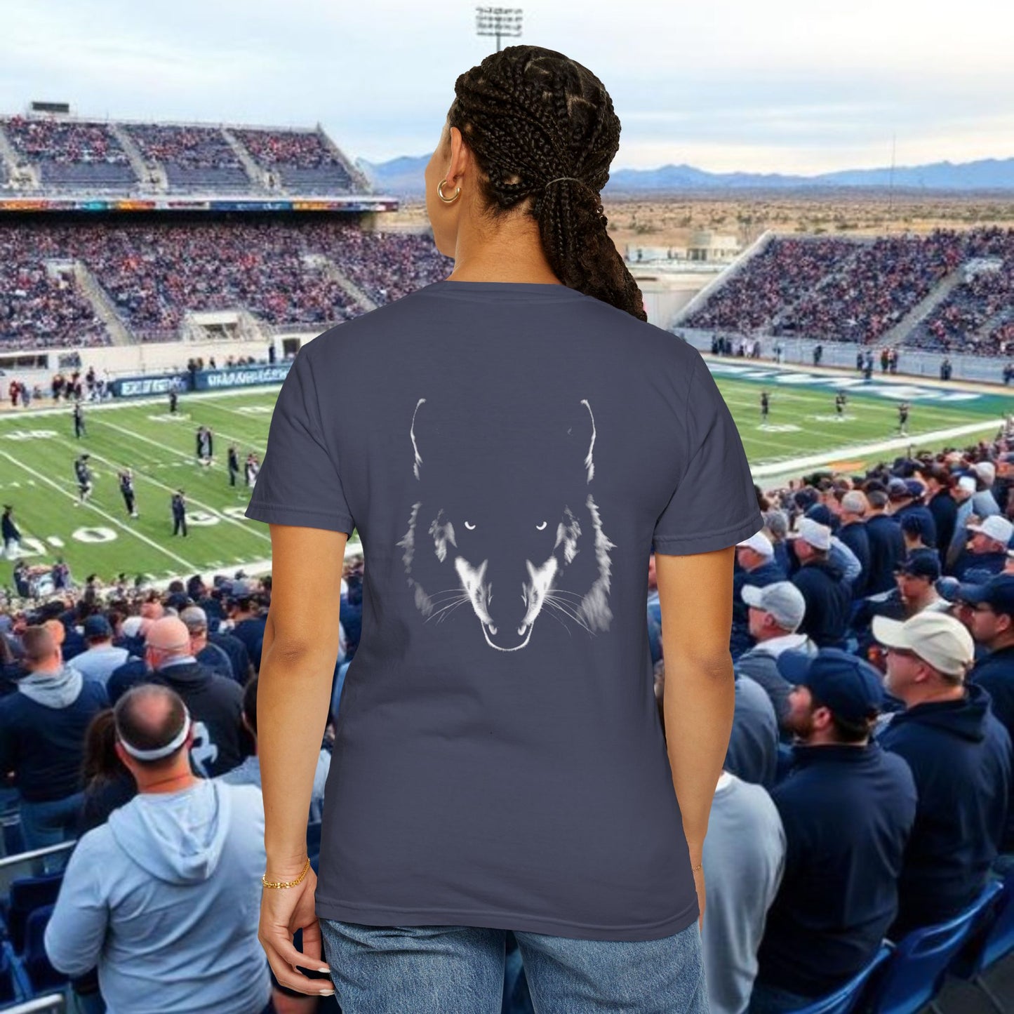 Reno Tee, Vertical Reno Logo and Subtle Wolf Graphic, Soft Style Shirt, Perfect style for Gameday