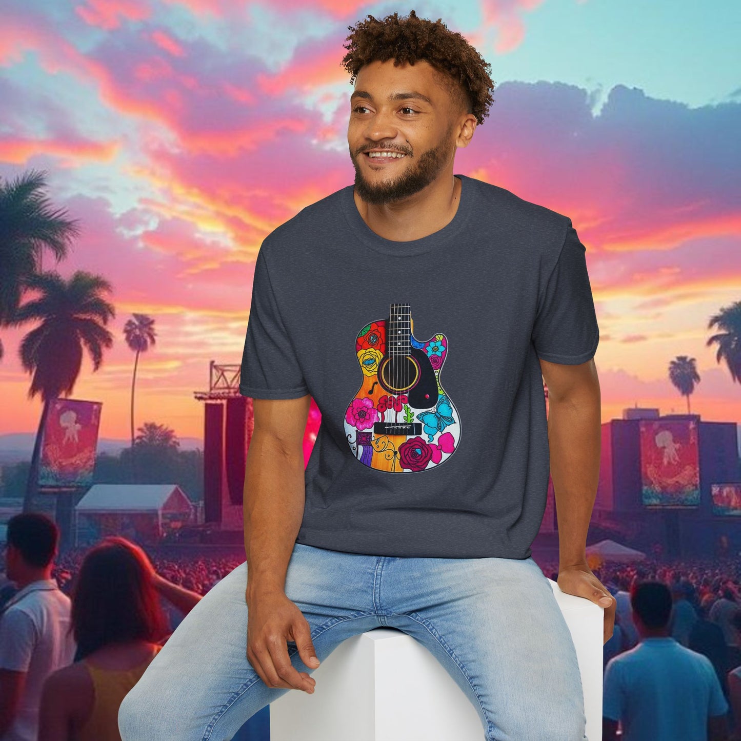 Colorful Acoustic Guitar T-Shirt, Music Lover's Tee, Festival Wear, Gift for Musicians, Vibrant Graphic Shirt