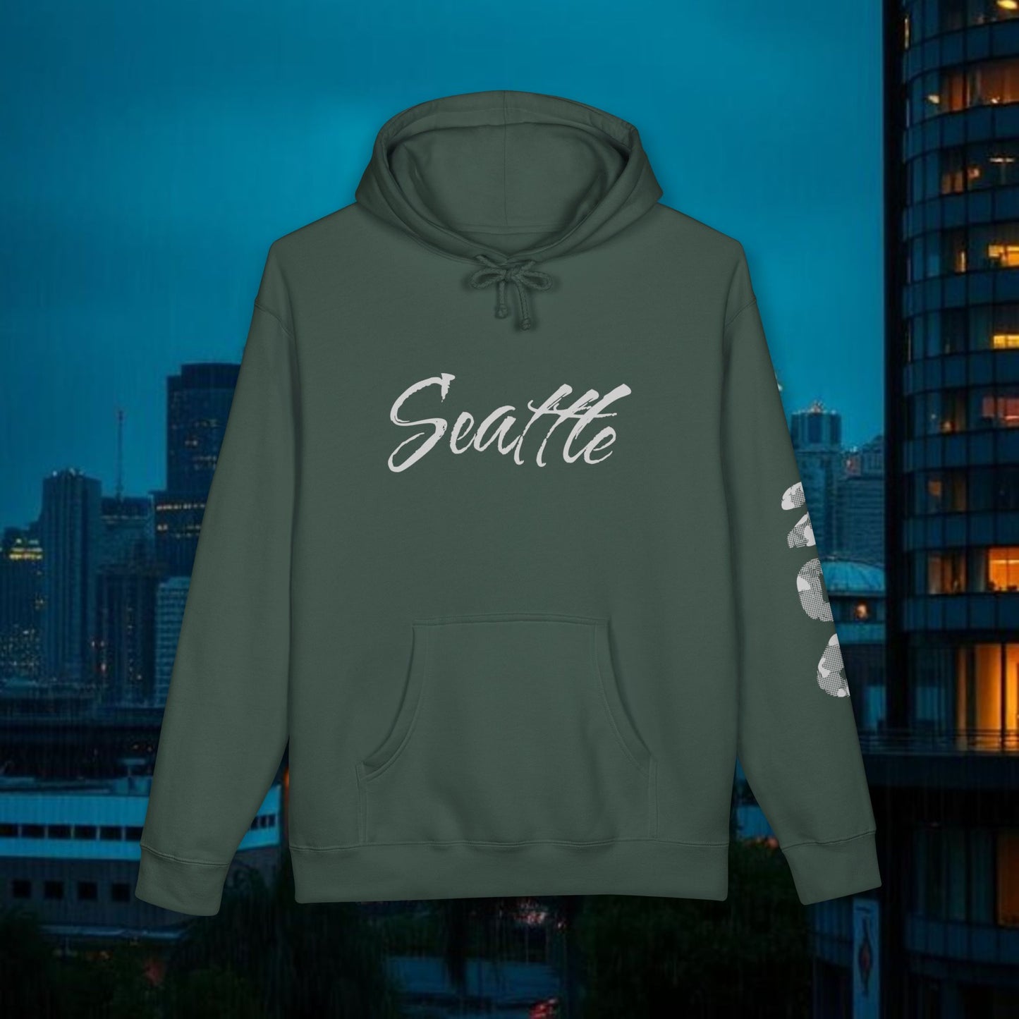 Seattle Script Hoodie — Minimalist City Sweatshirt with 206 Sleeve
