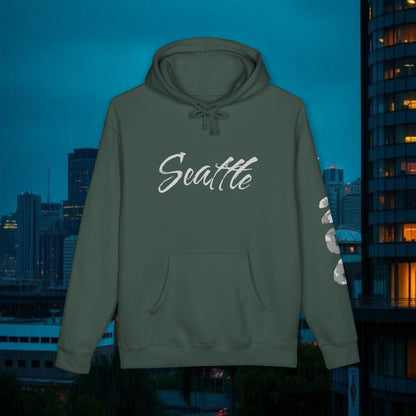 Seattle Script Hoodie — Minimalist City Sweatshirt with 206 Sleeve