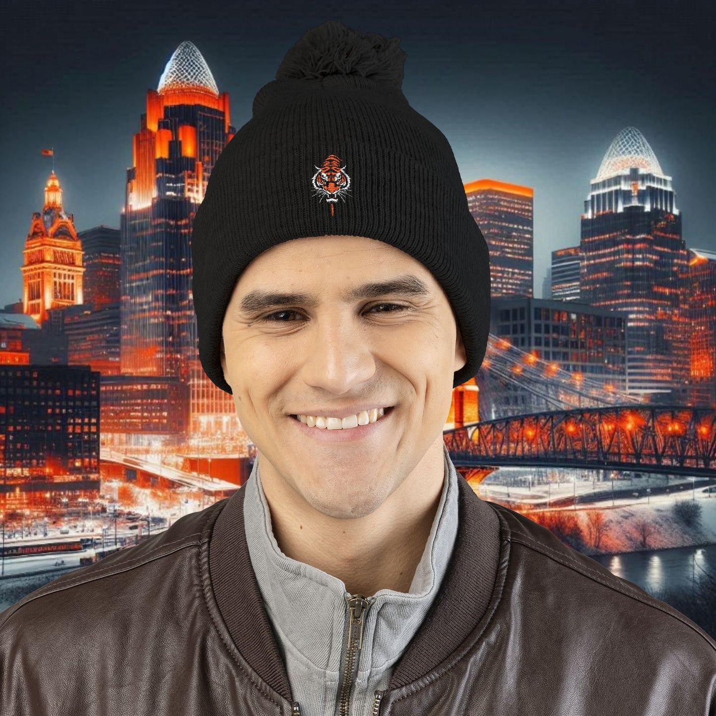 Bengal Tiger Pom-Pom Knit Cap - Cozy Winter Hat, Embroidered Beanie for Sports Fans, Gift for Holidays, Fashion Accessory, Cold Weather Gear