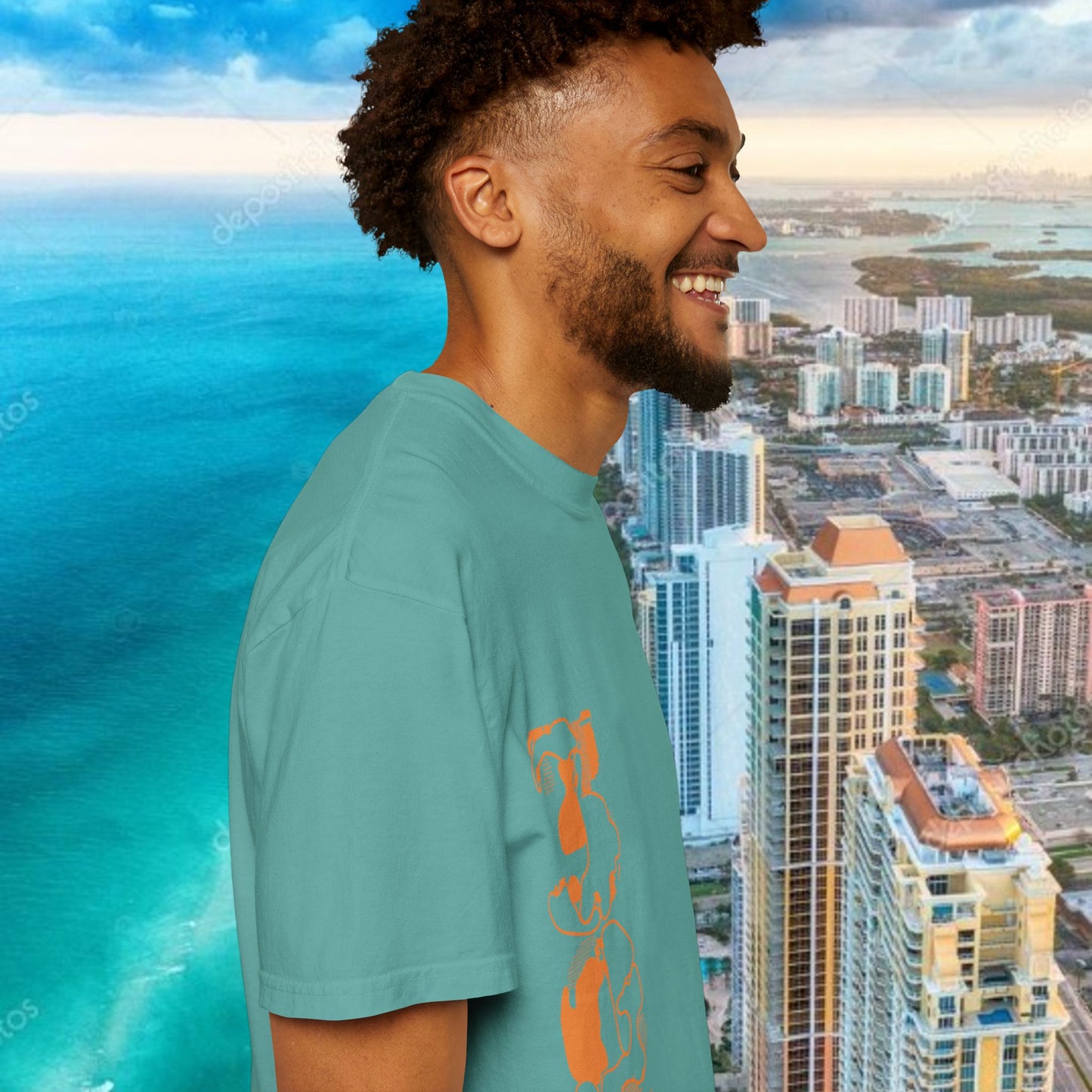 Miami Beach Graphic T-Shirt — Orange Garment-Dyed Tee with Green Vertical Palm Design