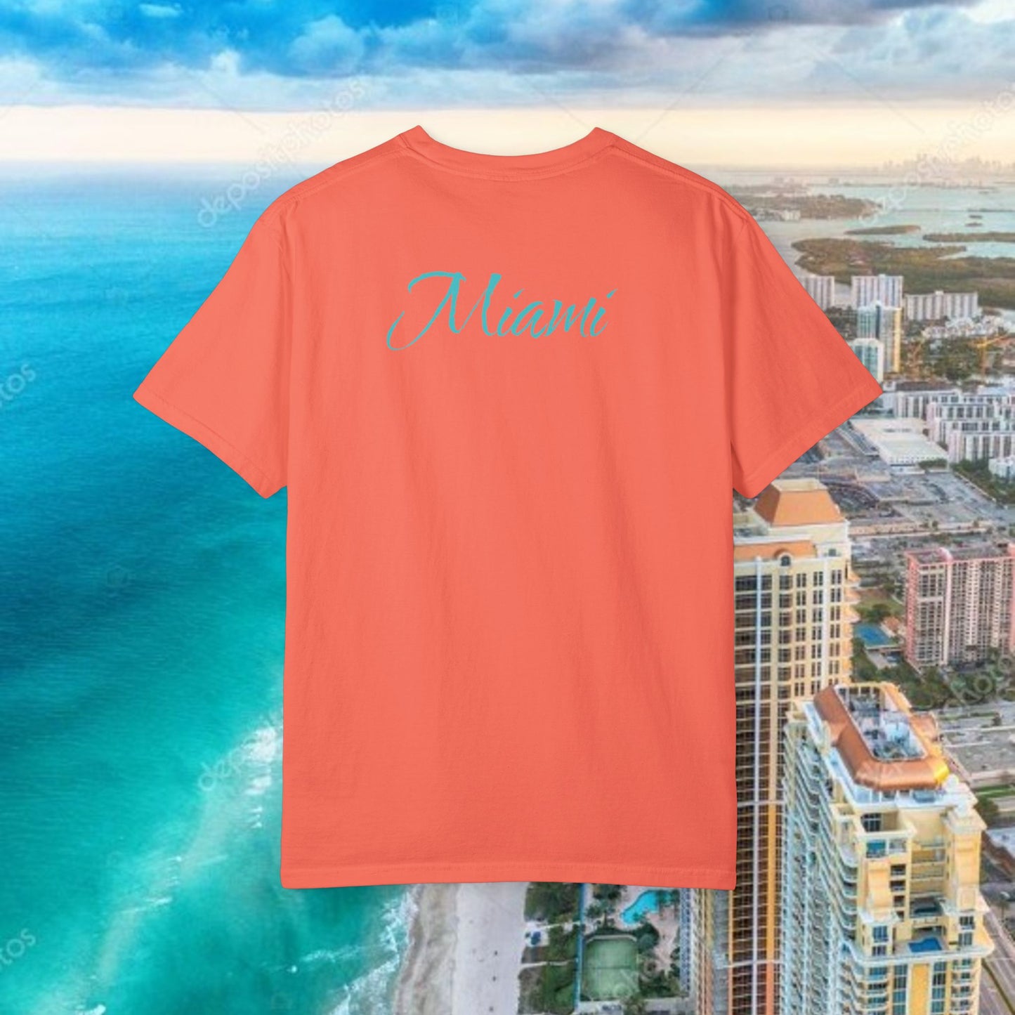 Miami Beach Graphic T-Shirt — Orange Garment-Dyed Tee with Green Vertical Palm Design