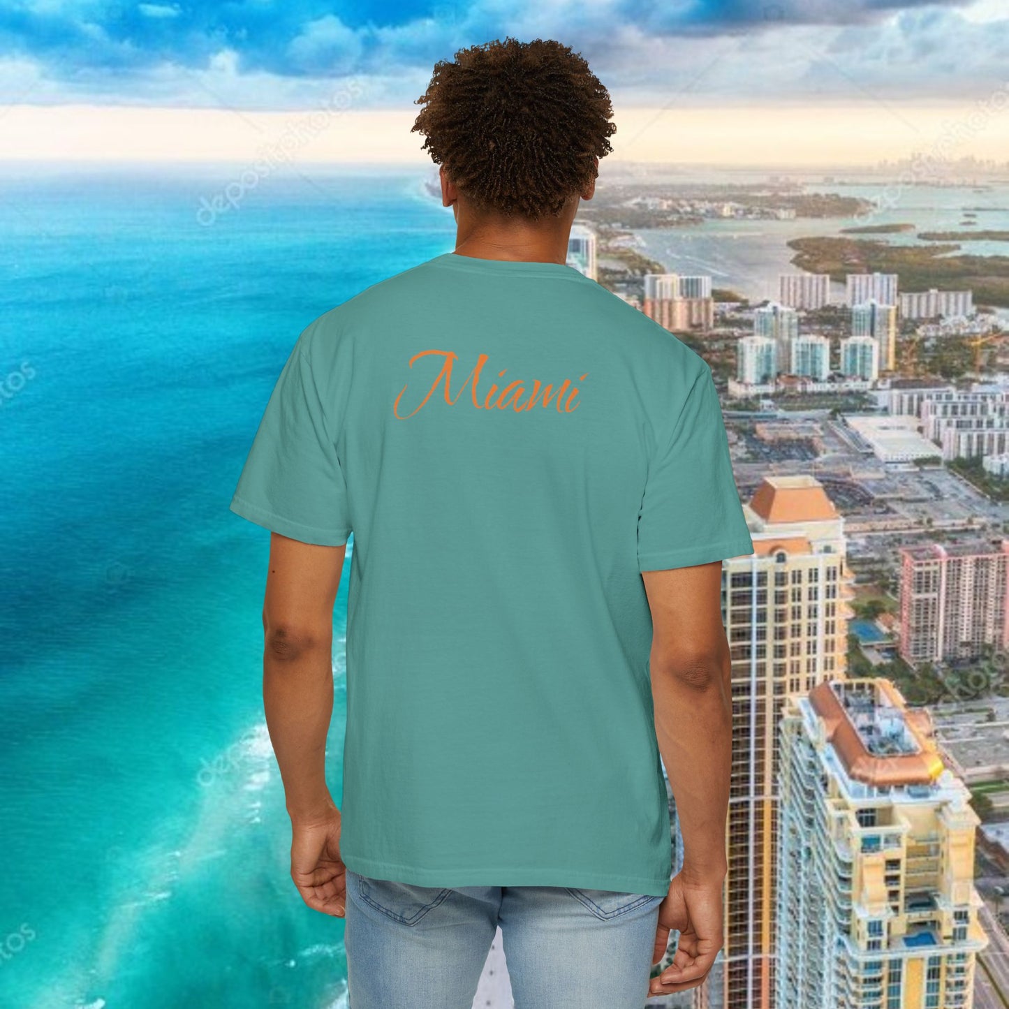 Miami Beach Graphic T-Shirt — Orange Garment-Dyed Tee with Green Vertical Palm Design