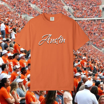 Austin Fan T-Shirt, Soft-style, front and back graphic. Stylish and fashionable tailgate attire.