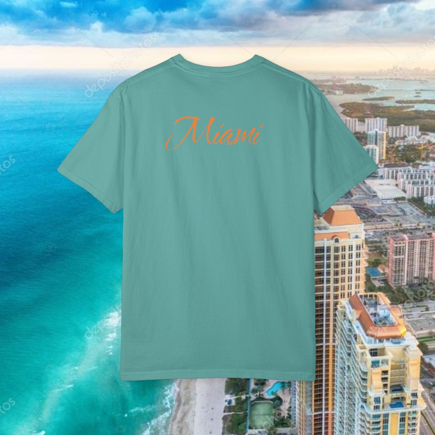Miami Beach Graphic T-Shirt — Orange Garment-Dyed Tee with Green Vertical Palm Design