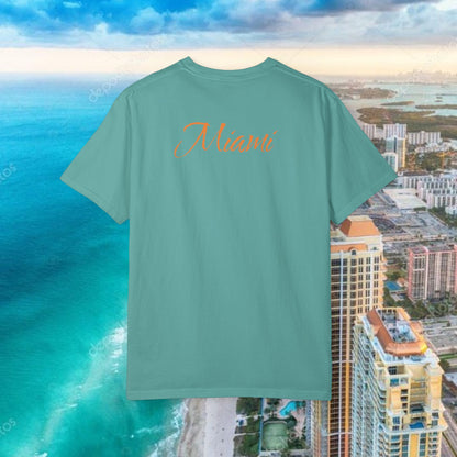 Miami Beach Graphic T-Shirt — Orange Garment-Dyed Tee with Green Vertical Palm Design