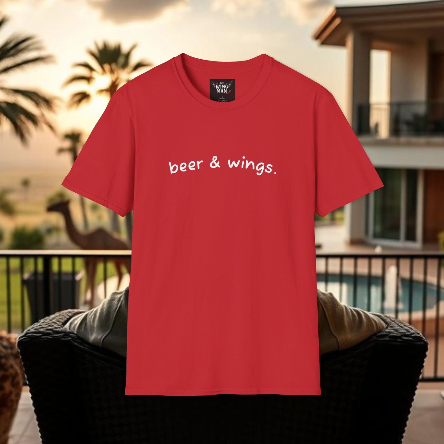 Beer & Wings Unisex Softstyle T-Shirt, Casual Gift for BBQ Lovers, Fun Drink Shirt, Summer Party Apparel, Unique Gift for Foodies