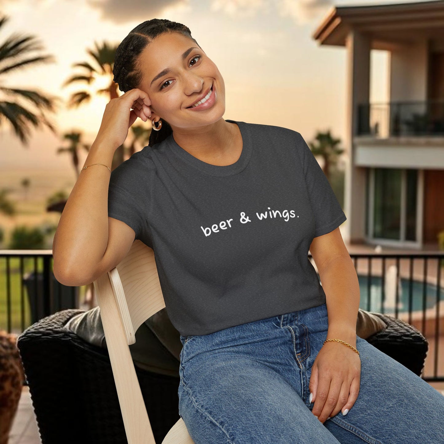 Beer & Wings Unisex Softstyle T-Shirt, Casual Gift for BBQ Lovers, Fun Drink Shirt, Summer Party Apparel, Unique Gift for Foodies