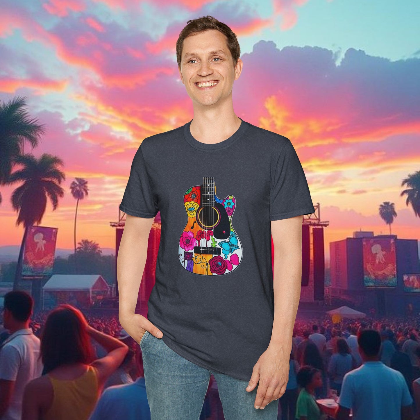 Colorful Acoustic Guitar T-Shirt, Music Lover's Tee, Festival Wear, Gift for Musicians, Vibrant Graphic Shirt
