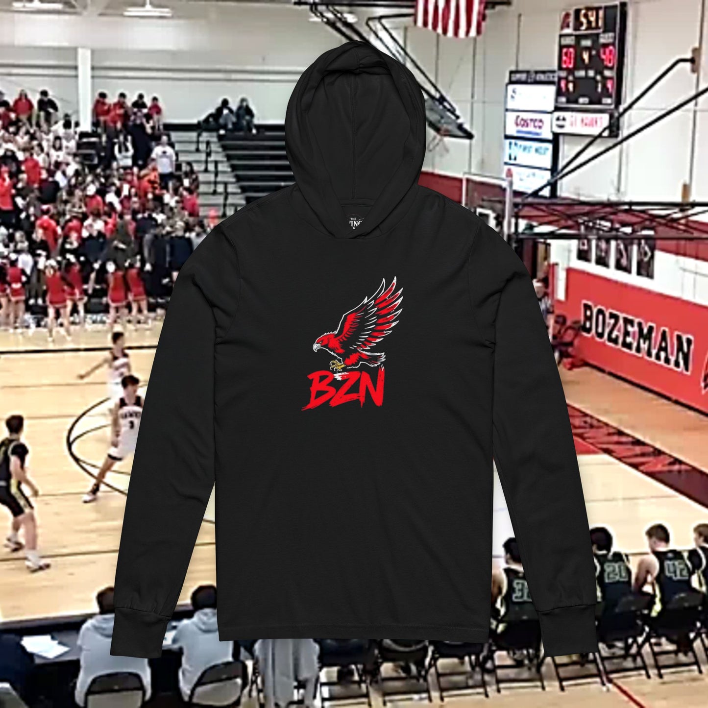 Bozeman Hawk Unisex Hooded Long Sleeve Tee with BZN Hawk Design, Casual Wear, Outdoor Activities, Hooded Top, Gift for Sports Lovers