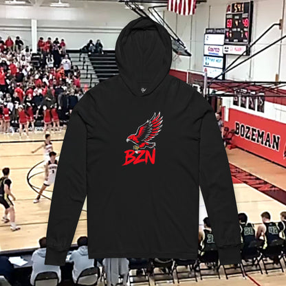 Bozeman Hawk Unisex Hooded Long Sleeve Tee with BZN Hawk Design, Casual Wear, Outdoor Activities, Hooded Top, Gift for Sports Lovers