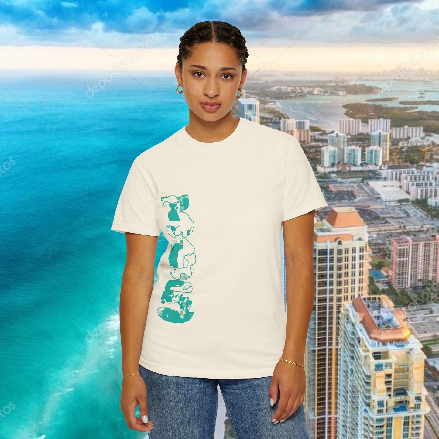 Miami Beach Graphic T-Shirt — Orange Garment-Dyed Tee with Green Vertical Palm Design