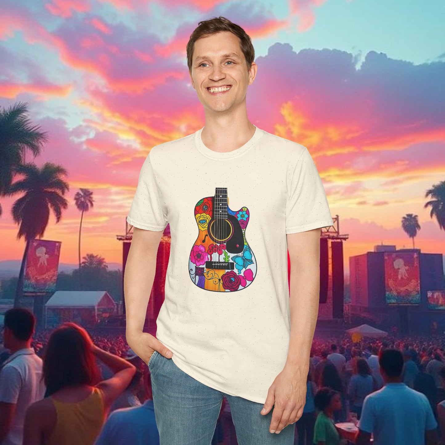 Colorful Acoustic Guitar T-Shirt, Music Lover's Tee, Festival Wear, Gift for Musicians, Vibrant Graphic Shirt