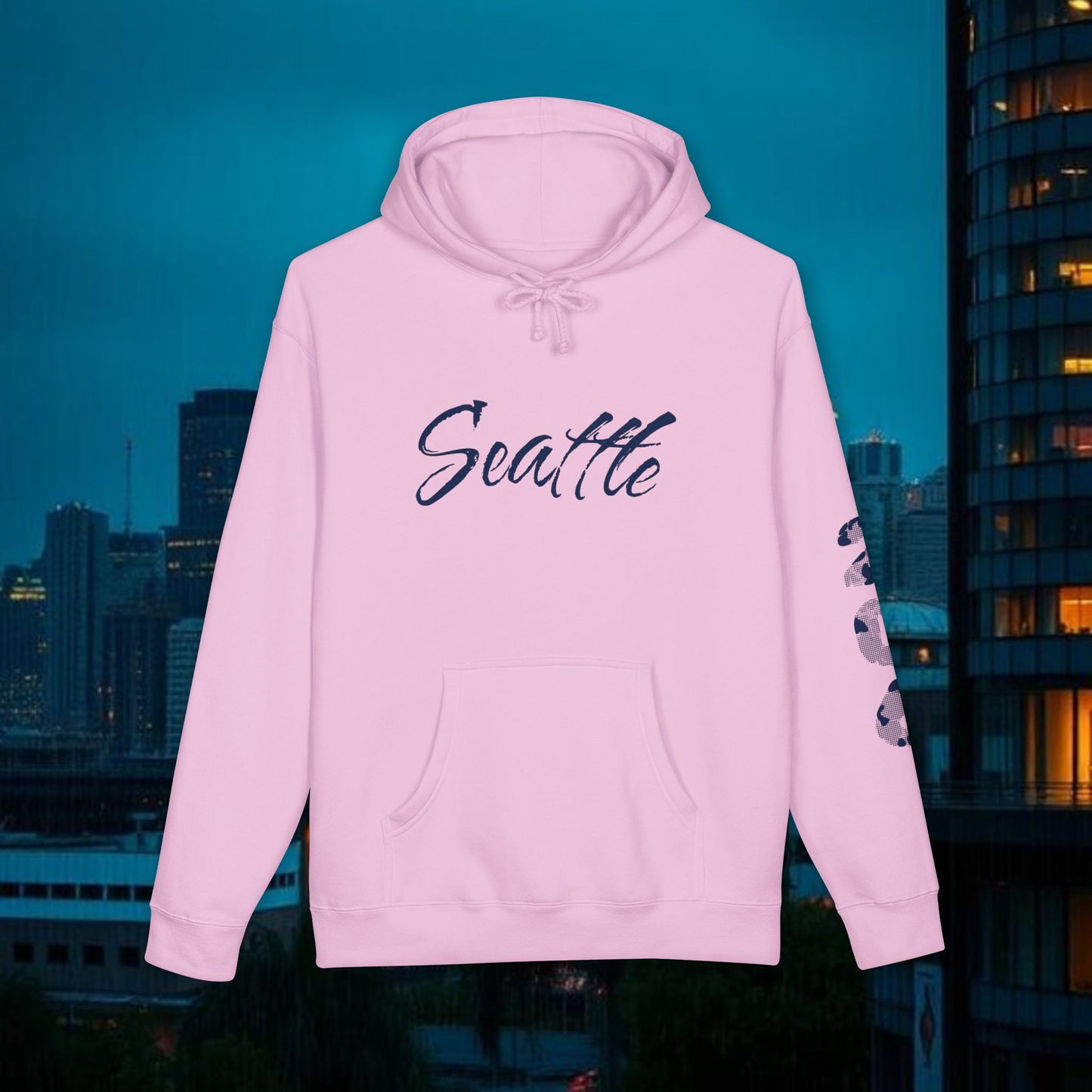 Seattle Script Hoodie — Minimalist City Sweatshirt with 206 Sleeve