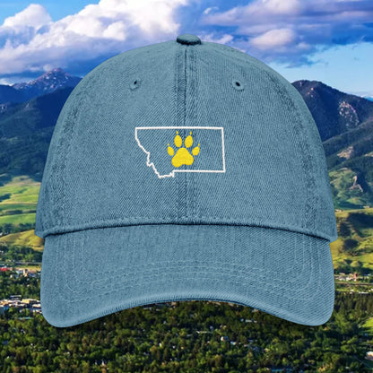 Montana Paw Print Denim Hat, Embroidered Hat, Casual Wear, Gift for Bobcat Fans, Outdoor Adventure Cap, Summer Accessories