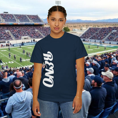 Reno Tee, Vertical Reno Logo and Subtle Wolf Graphic, Soft Style Shirt, Perfect style for Gameday