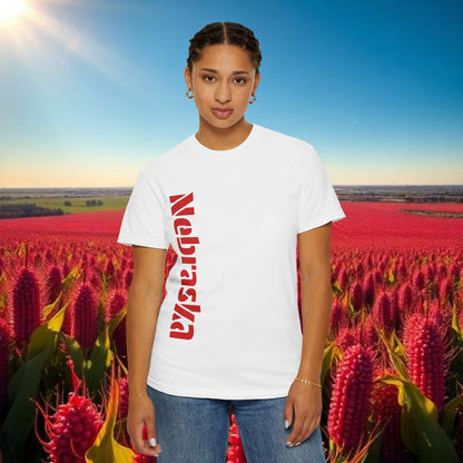 Lincoln Nebraska Area Code T-Shirt — White Tee with Red "Nebraska" & 402 Back Print, Soft-Style T-Shirt