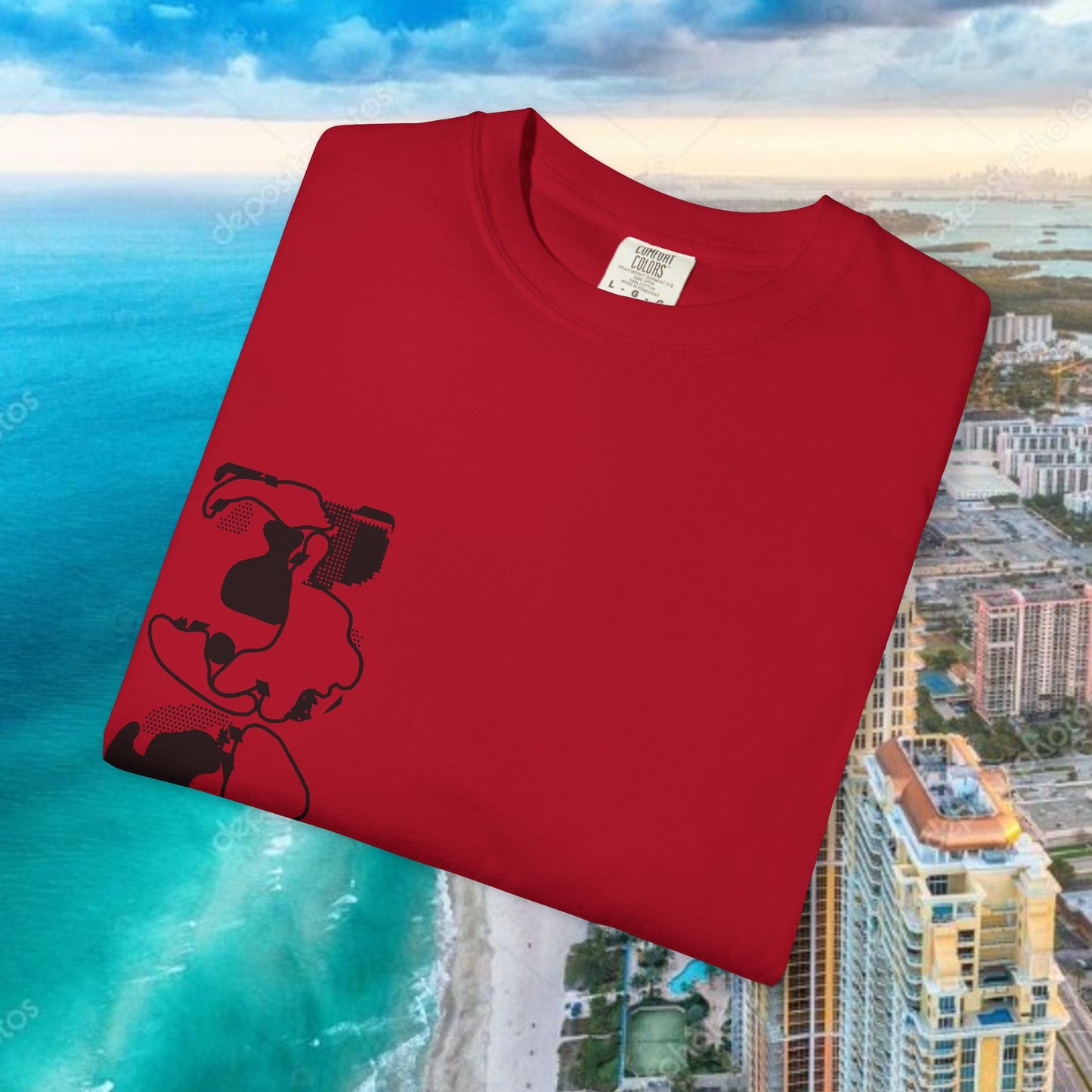 Miami Beach Graphic T-Shirt — Orange Garment-Dyed Tee with Green Vertical Palm Design