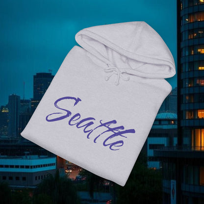 Seattle Script Hoodie — Minimalist City Sweatshirt with 206 Sleeve