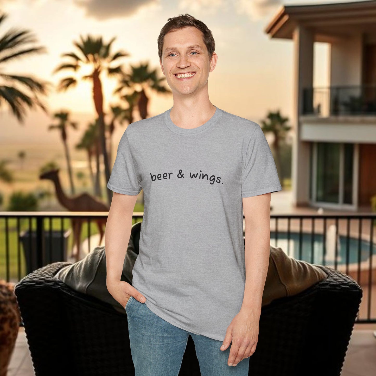 Beer & Wings Unisex Softstyle T-Shirt, Casual Gift for BBQ Lovers, Fun Drink Shirt, Summer Party Apparel, Unique Gift for Foodies