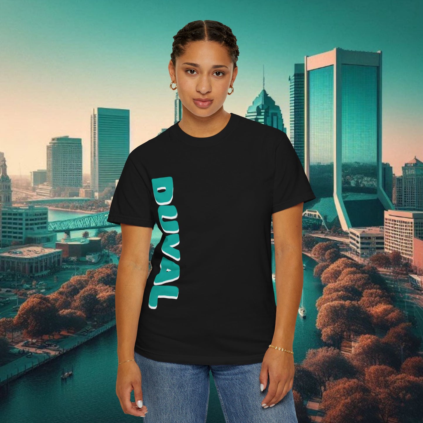 Duval Stylish T-Shirt — Jacksonville Pride Vertical DUVAL Design, Front and Back Designs