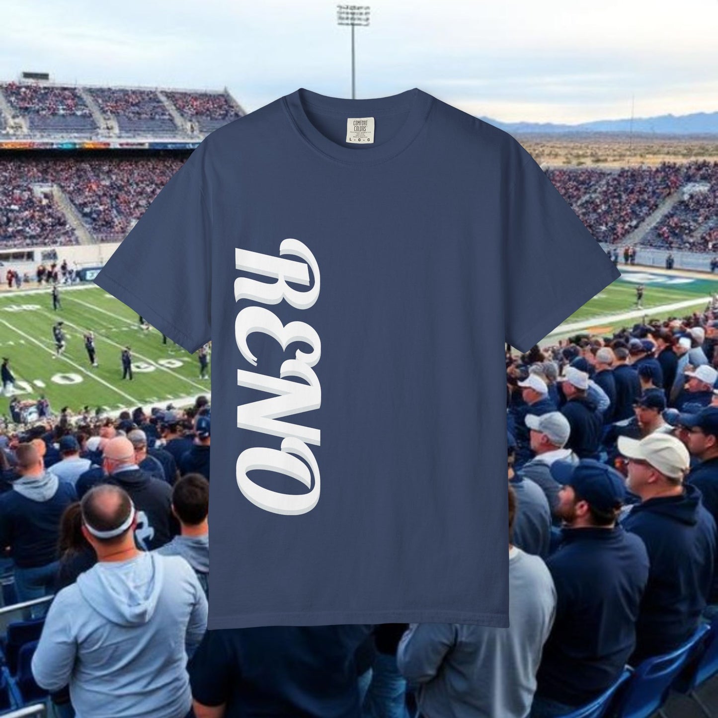 Reno Tee, Vertical Reno Logo and Subtle Wolf Graphic, Soft Style Shirt, Perfect style for Gameday