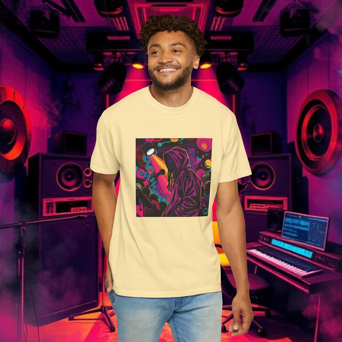 Colorful Unisex Garment-Dyed T-shirt, Artistic Graphic Tee, Music Festival Shirt, Casual Everyday Wear, Vibrant Streetwear, Unique Gift Idea