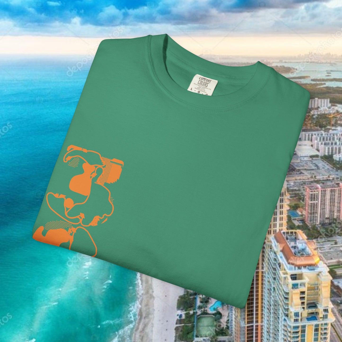 Miami Beach Graphic T-Shirt — Orange Garment-Dyed Tee with Green Vertical Palm Design