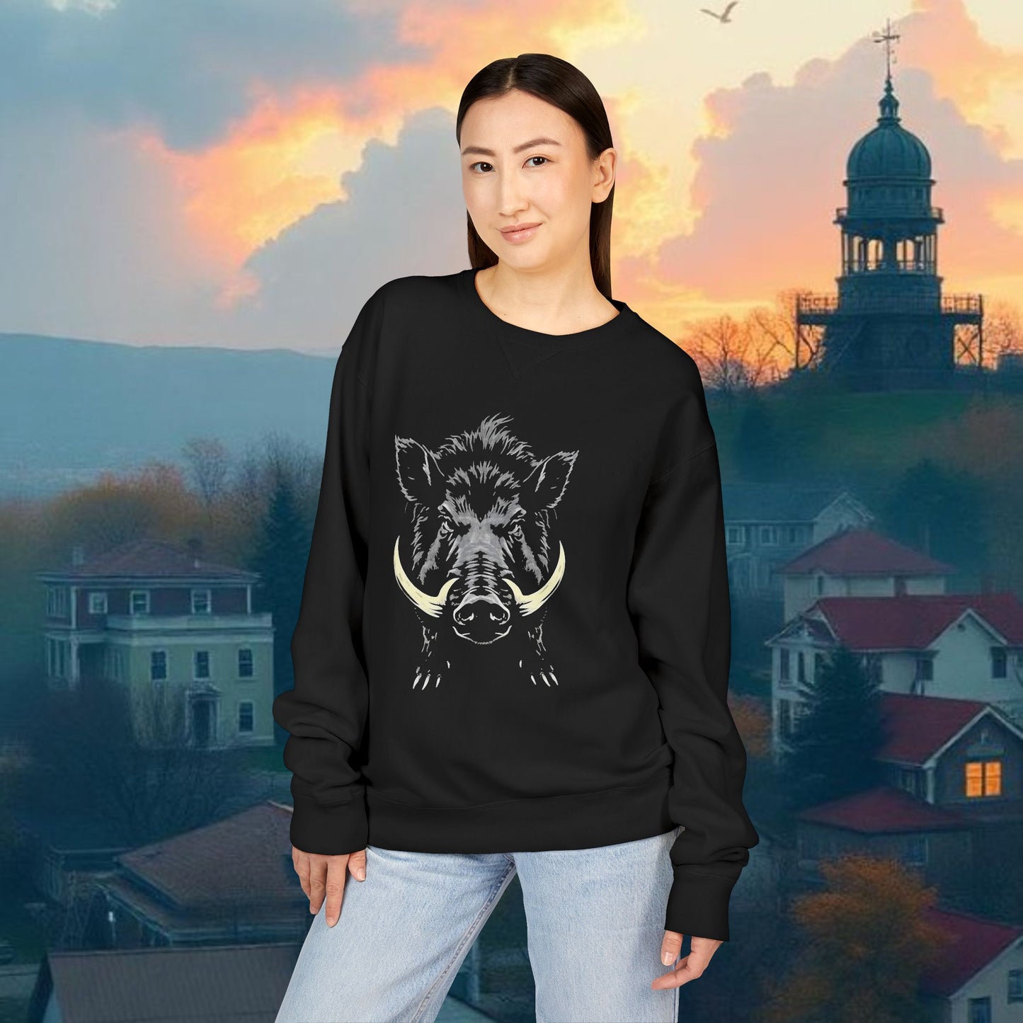 Crewneck Sweatshirt, Wild Boar Graphic, Unisex Cozy Sweatshirt, Vintage Style Crew Neck, Outdoor Adventure Apparel