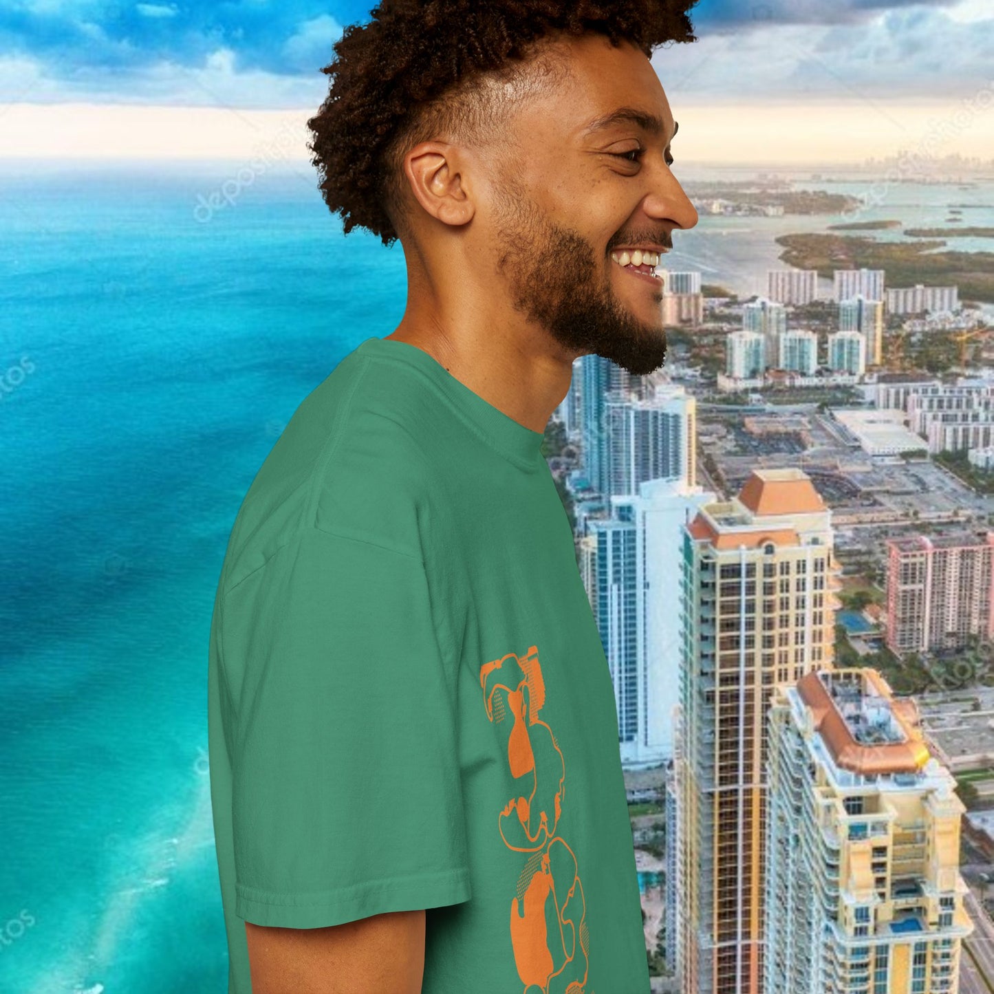 Miami Beach Graphic T-Shirt — Orange Garment-Dyed Tee with Green Vertical Palm Design