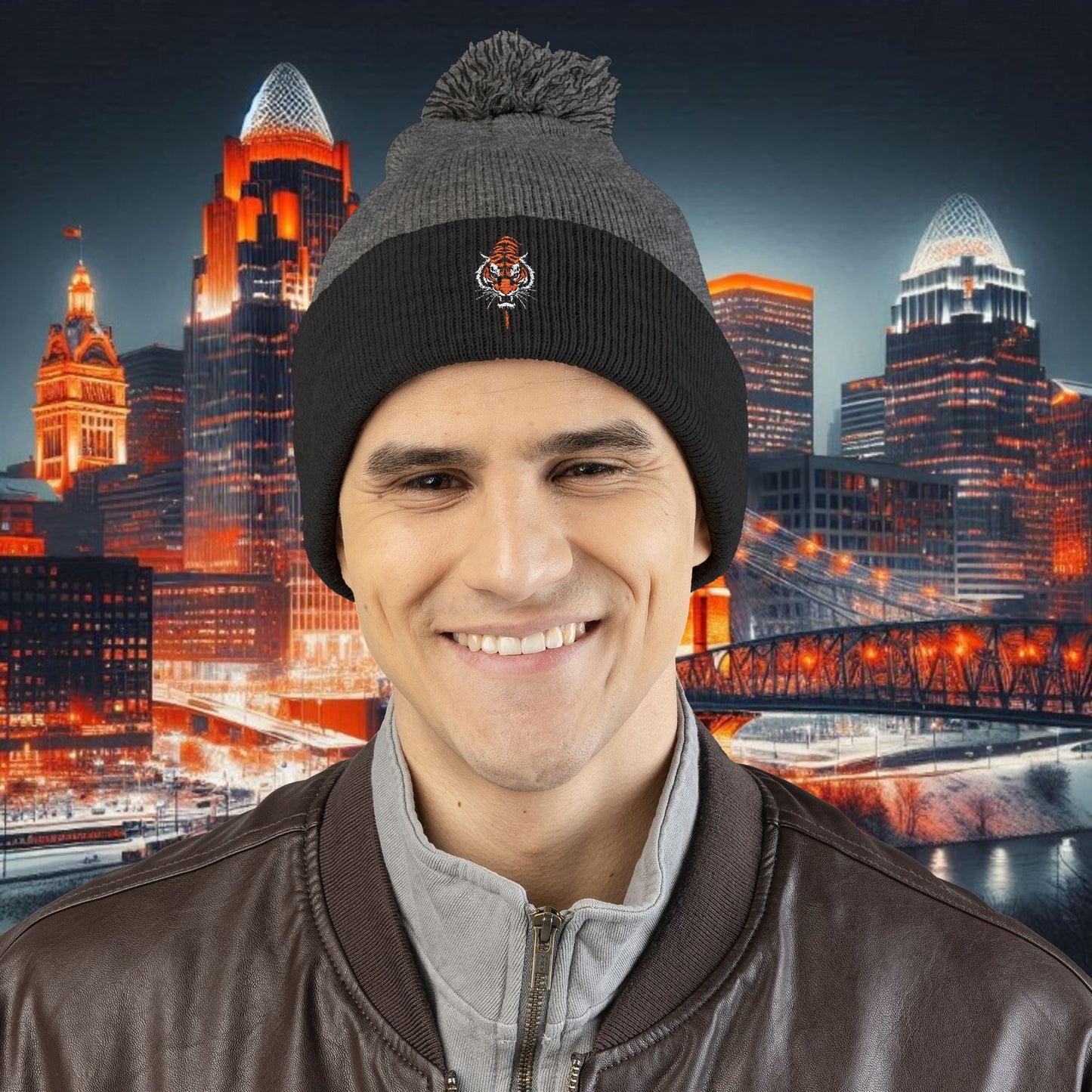 Bengal Tiger Pom-Pom Knit Cap - Cozy Winter Hat, Embroidered Beanie for Sports Fans, Gift for Holidays, Fashion Accessory, Cold Weather Gear