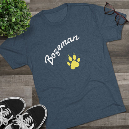 Bozeman Paw Script T‑Shirt — Mountain Town Tee with Gold Paw Print, Tri-Blend Soft Style T-Shirt