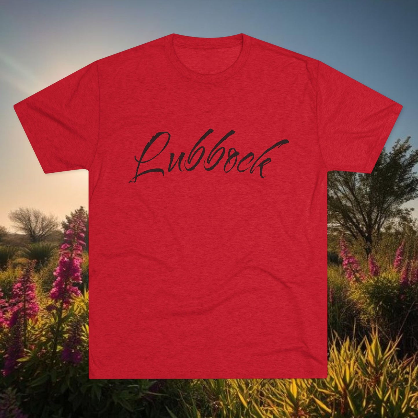 Lubbock Script Tee — Red Cowboy Skull Graphic Crew Shirt, Tri-Blend, Super Soft T-Shirt, Perfect for Gameday