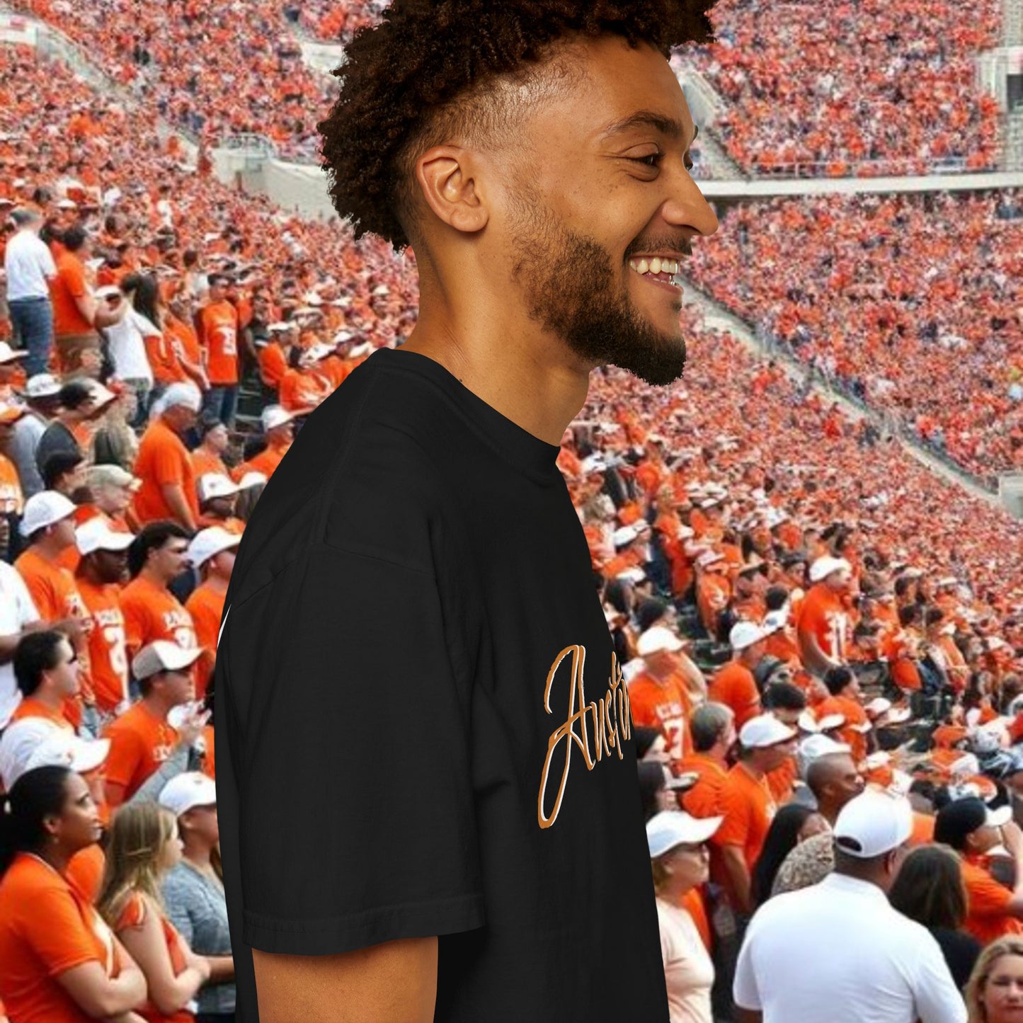 Austin Fan T-Shirt, Soft-style, front and back graphic. Stylish and fashionable tailgate attire.