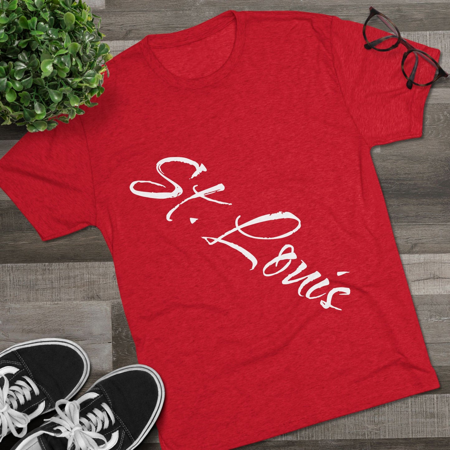 St. Louis Script Tee — Diagonal Red Script City Baseball and Hockey T‑Shirt