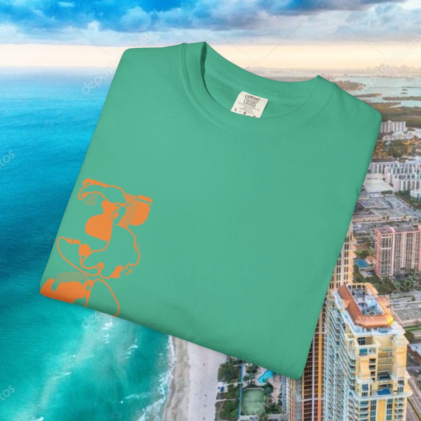 Miami Beach Graphic T-Shirt — Orange Garment-Dyed Tee with Green Vertical Palm Design