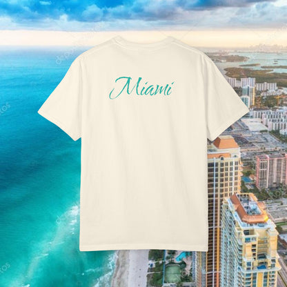 Miami Beach Graphic T-Shirt — Orange Garment-Dyed Tee with Green Vertical Palm Design