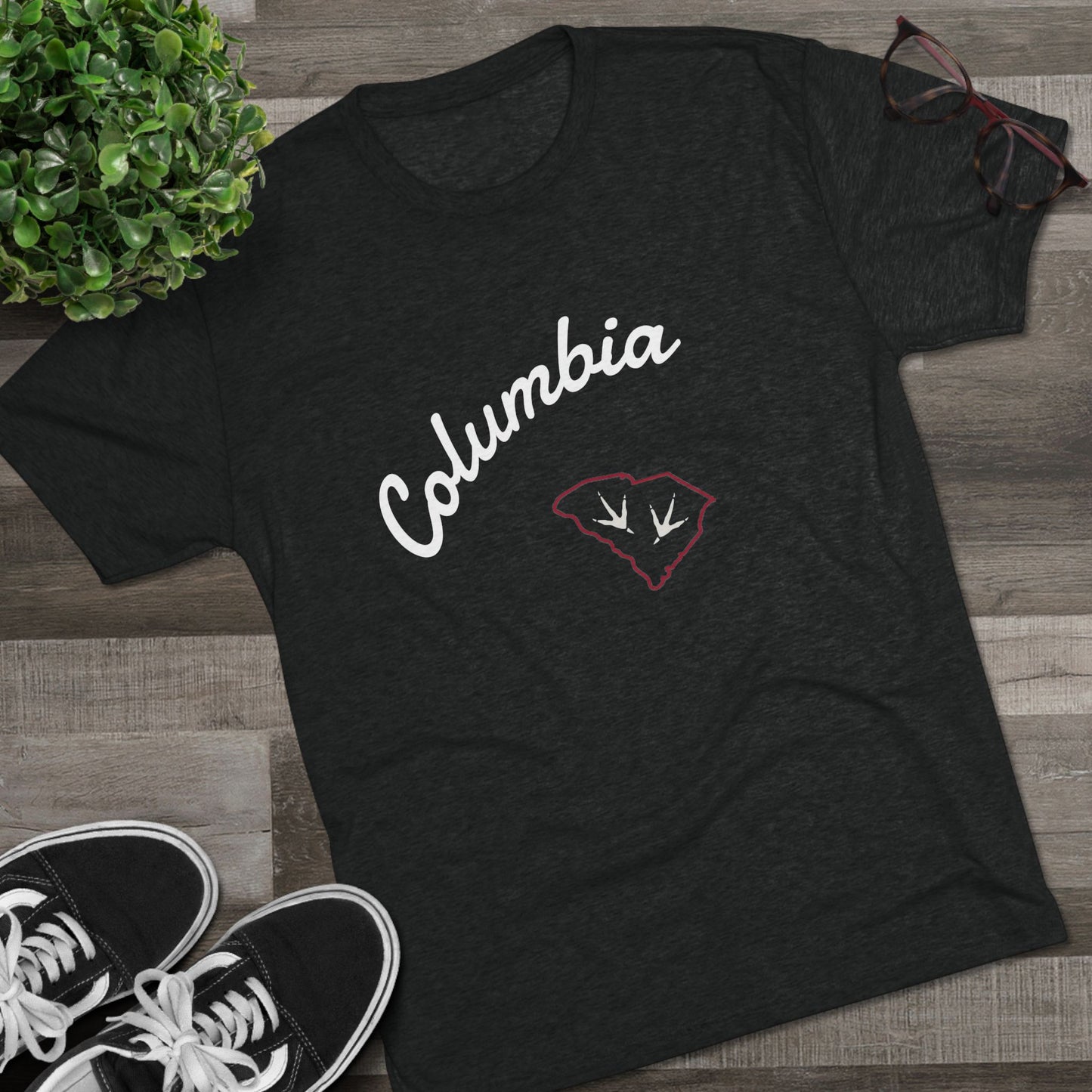 Columbia Script T‑Shirt — Retro City Tee with Rooster Footprint, Tr-Blend T-Shirt, Soft-Style, Perfect for Gameday