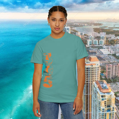 Miami Beach Graphic T-Shirt — Orange Garment-Dyed Tee with Green Vertical Palm Design